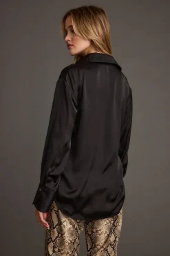 Fashion Cash Black Satin Button Down Top Workwear Tops|Long Sleeves