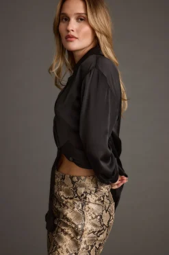 Fashion Cash Black Satin Button Down Top Workwear Tops|Long Sleeves