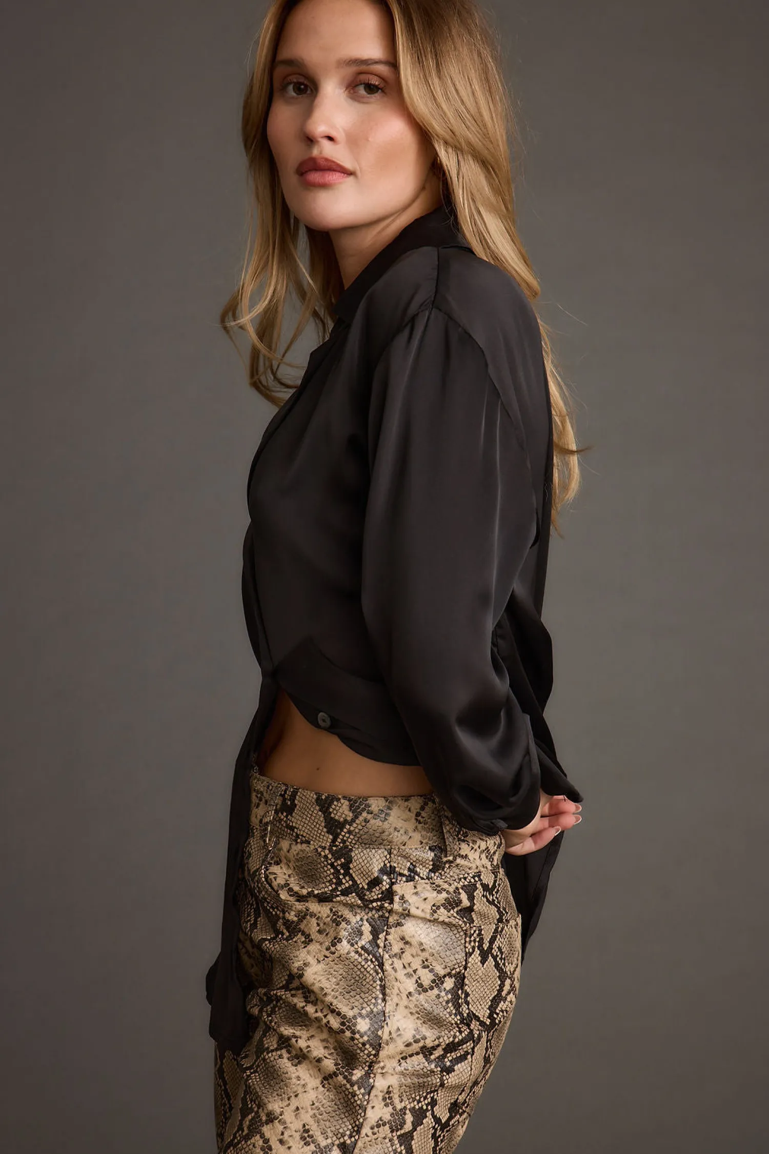 Fashion Cash Black Satin Button Down Top Workwear Tops|Long Sleeves