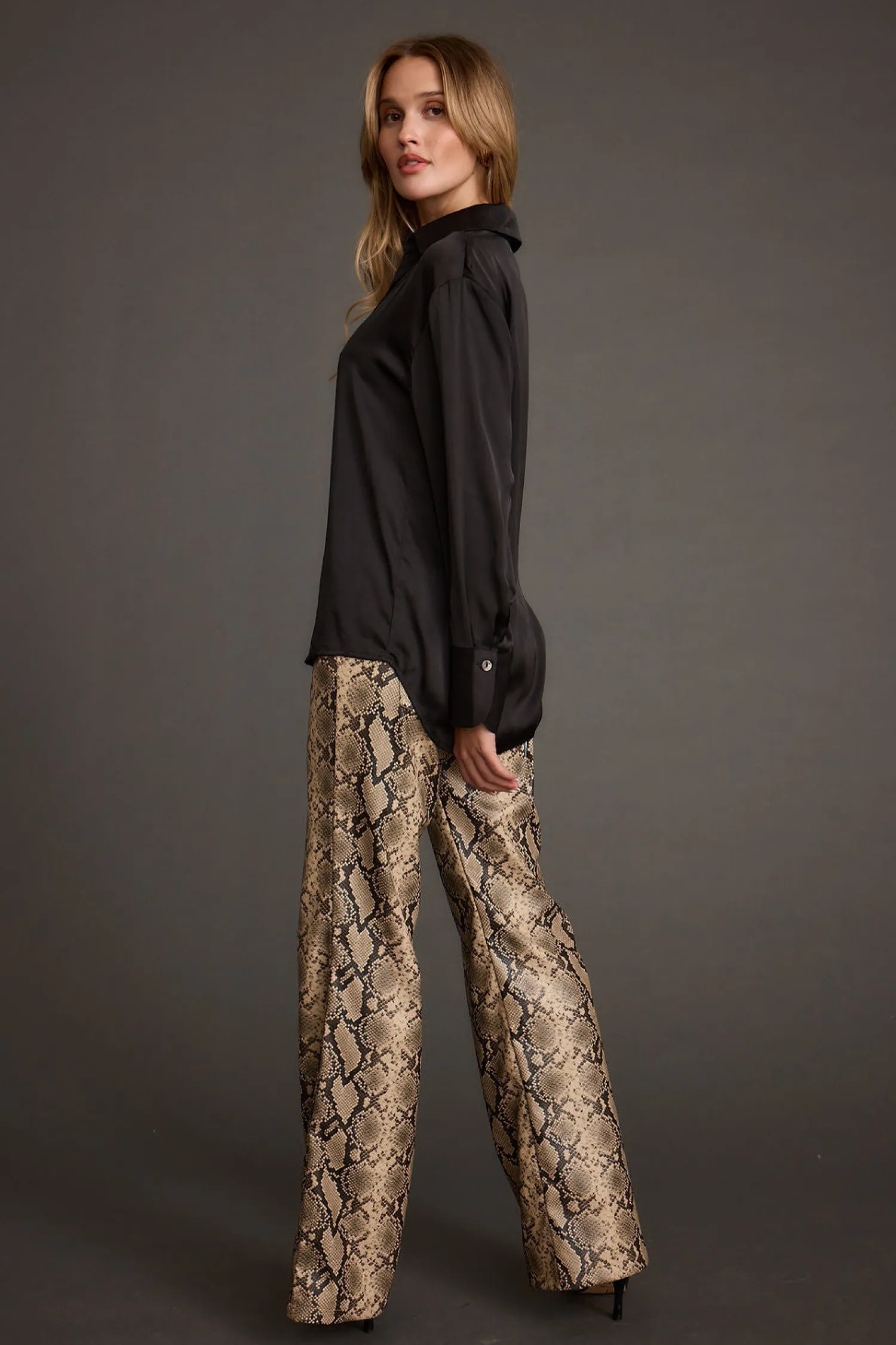Fashion Cash Black Satin Button Down Top Workwear Tops|Long Sleeves