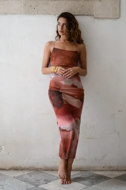 Best Caterina Rust Abstract Mesh Midi Dress Wedding Guest Dresses|Midi Dresses