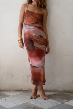 Best Caterina Rust Abstract Mesh Midi Dress Wedding Guest Dresses|Midi Dresses