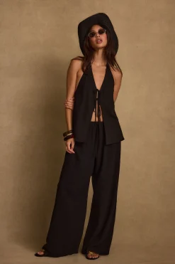 Sale Clear Breeze Black Tie Linen Top Sets|Sets