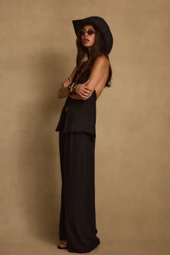Sale Clear Breeze Black Tie Linen Top Sets|Sets