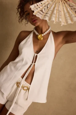 Hot Clear Breeze White Tie Linen Top Sets|Sets