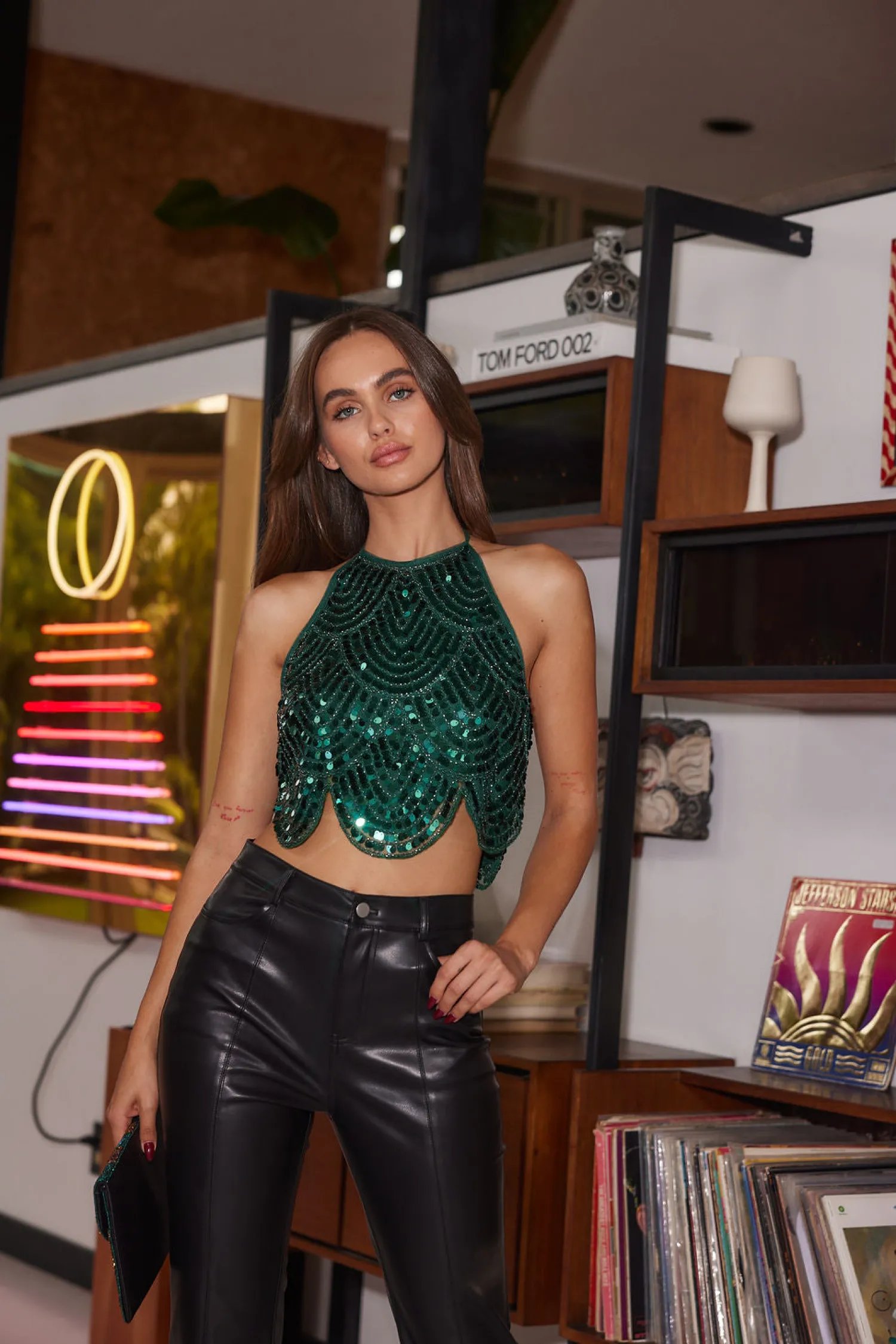 Sale Cleo Emerald Sequin Halter Tie Top Date Night Tops|Going Out Tops