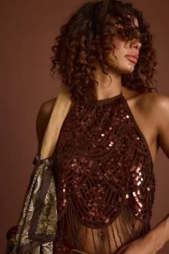 Fashion Cleo Espresso Beaded Halter Top Date Night Tops|Going Out Tops