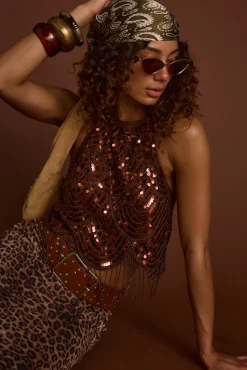 Fashion Cleo Espresso Beaded Halter Top Date Night Tops|Going Out Tops