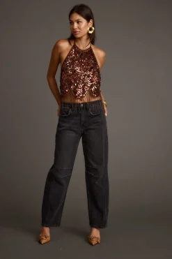 Fashion Cleo Espresso Beaded Halter Top Date Night Tops|Going Out Tops