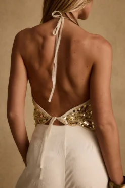 Online Cleo Gold Sequin Halter Tie Top Date Night Tops|Tees + Tanks