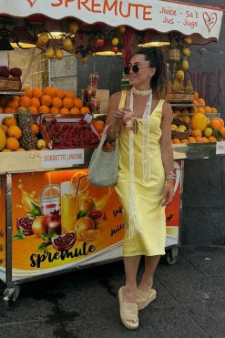 Outlet Daphne Yellow Satin Midi Dress Day Dresses|Vacation Dresses