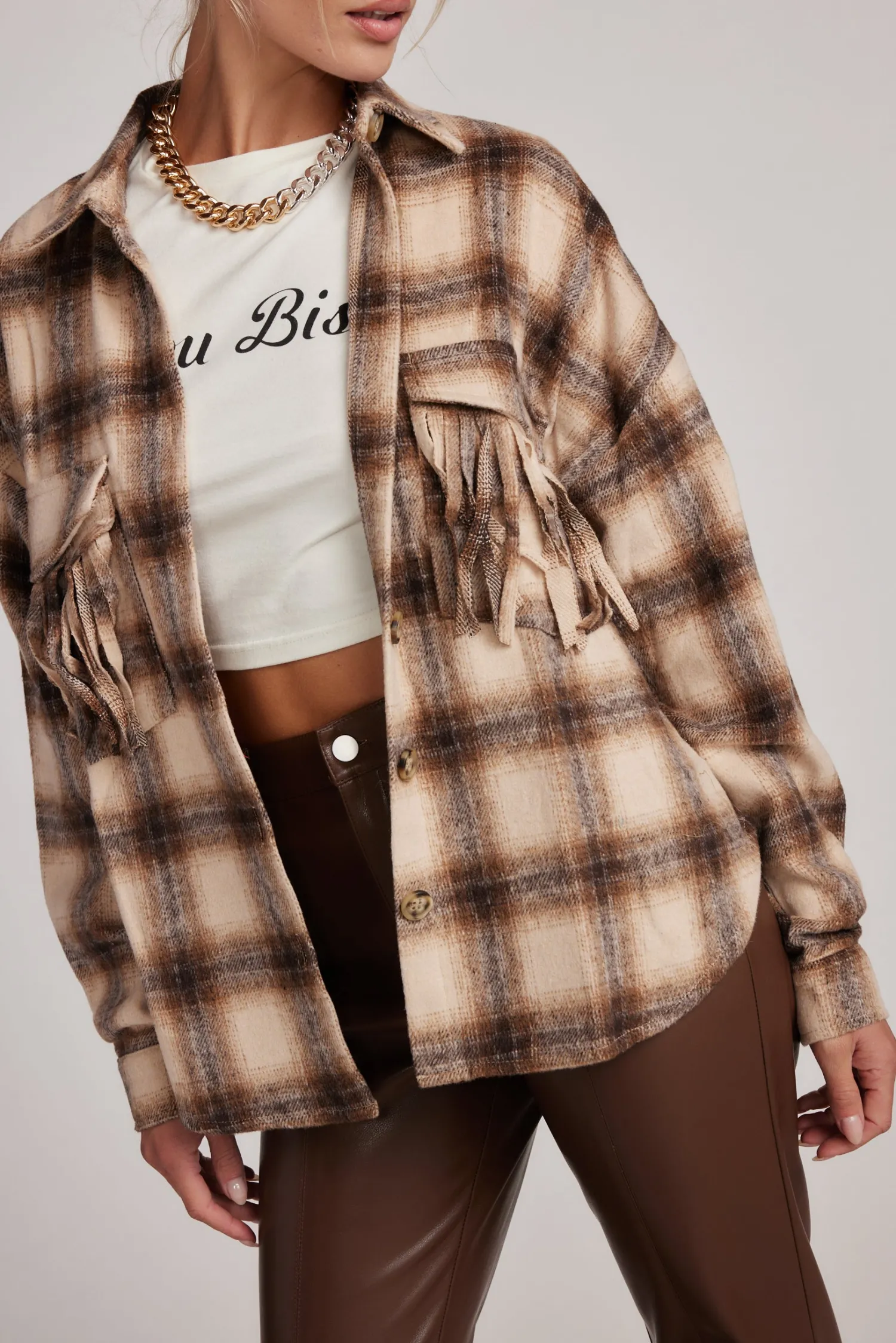 Fashion Devin Brown Fringe Shacket Jackets