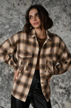 Fashion Devin Brown Fringe Shacket Jackets