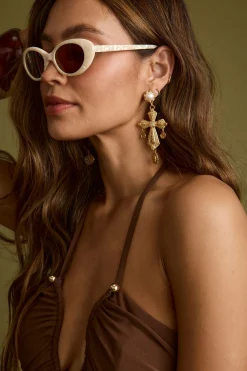 Online Devoted Gold Cross Pearl Earrings Golden Hour Bachelorette