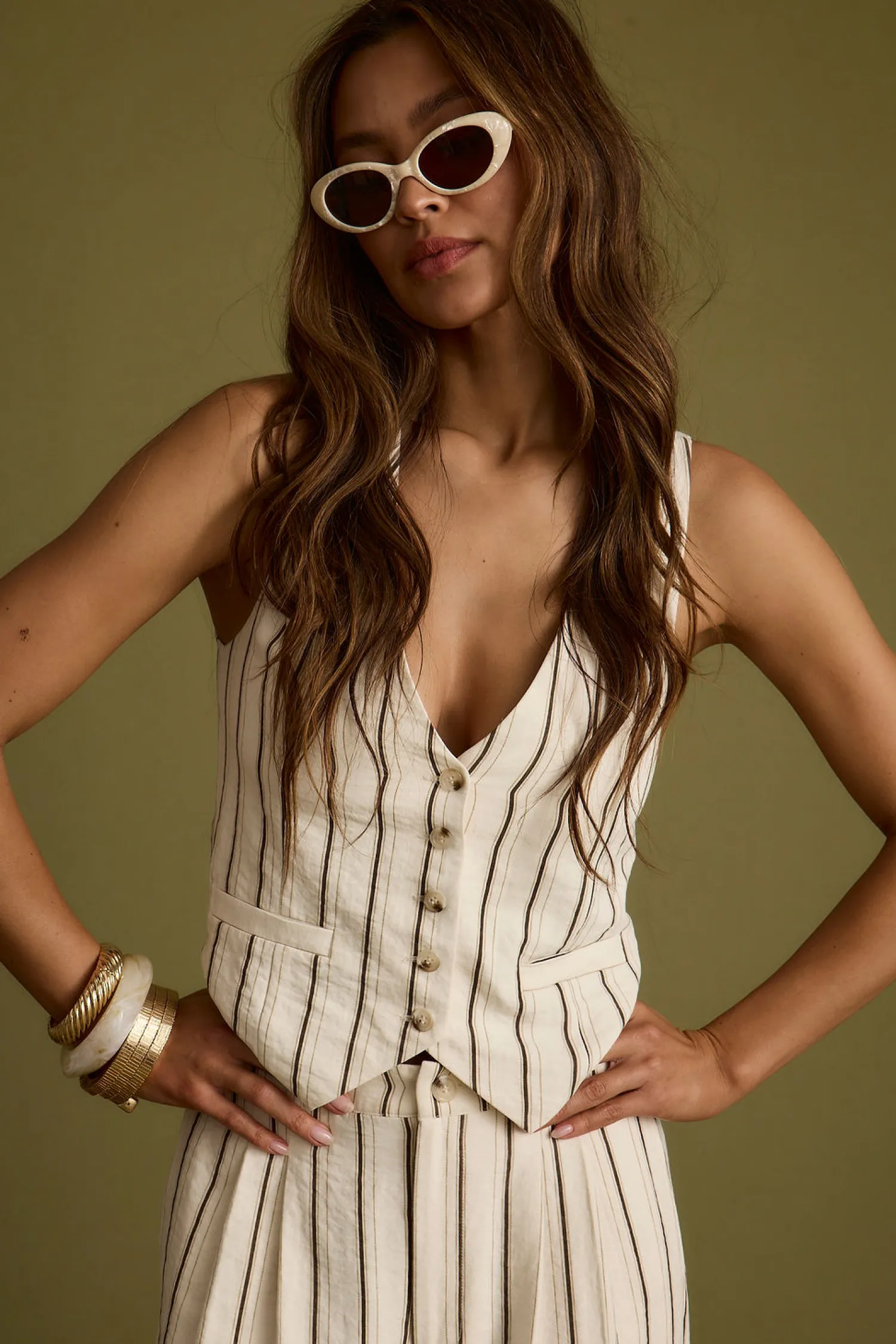 Hot Diane White Striped Vest Sets|Sets