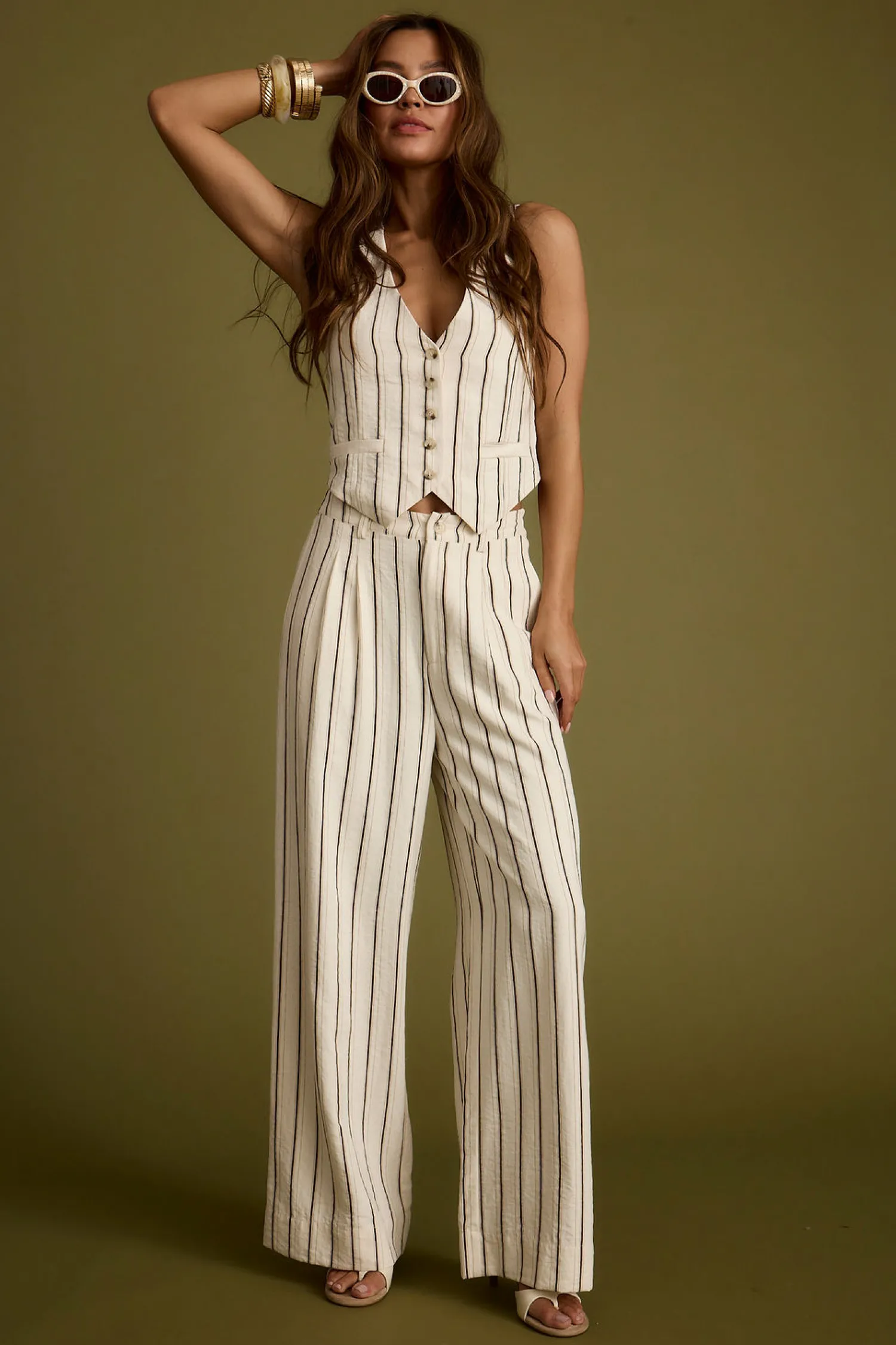 Hot Diane White Striped Vest Sets|Sets