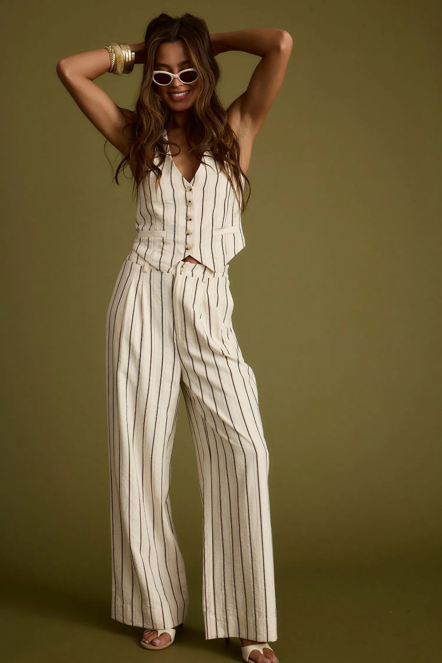 Hot Diane White Striped Vest Sets|Sets