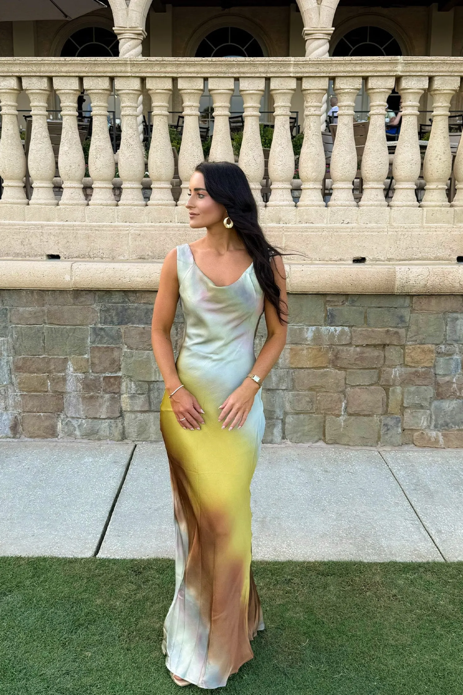 New Dolce Golden Ombre Cowl Neck Maxi Dress Date Night Dresses|Vacation Dresses