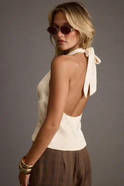 Sale Dorothy Cream Pinstripe Satin Halter Top Workwear Tops|Date Night Tops