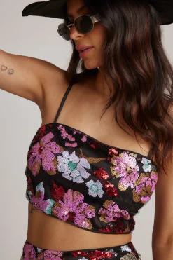Fashion Dynamo Floral Sequin Crop Top Going Out Tops|Tees + Tanks