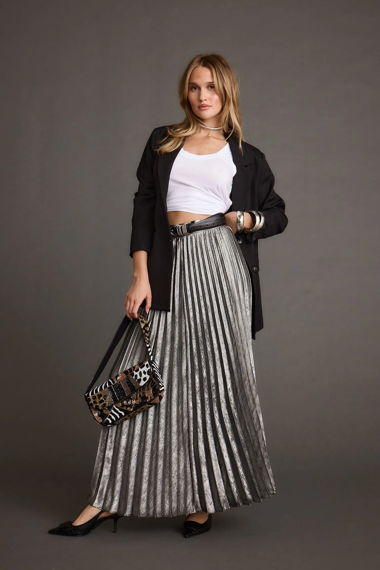 Clearance Electric Love Gunmetal Metallic Pleated Maxi Skirt Going Out Bottoms|Skirts