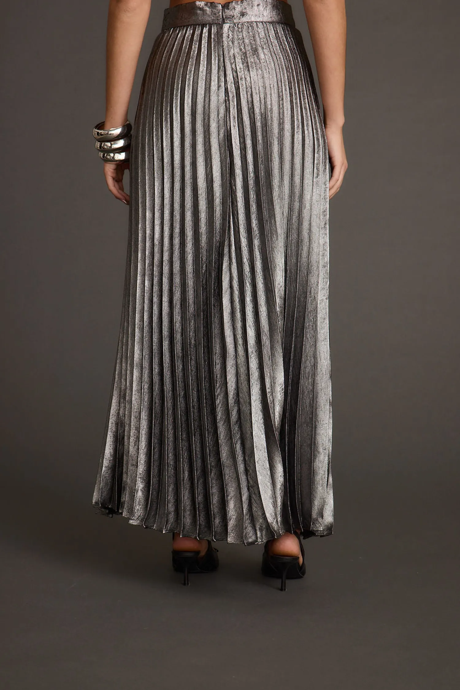 Clearance Electric Love Gunmetal Metallic Pleated Maxi Skirt Going Out Bottoms|Skirts