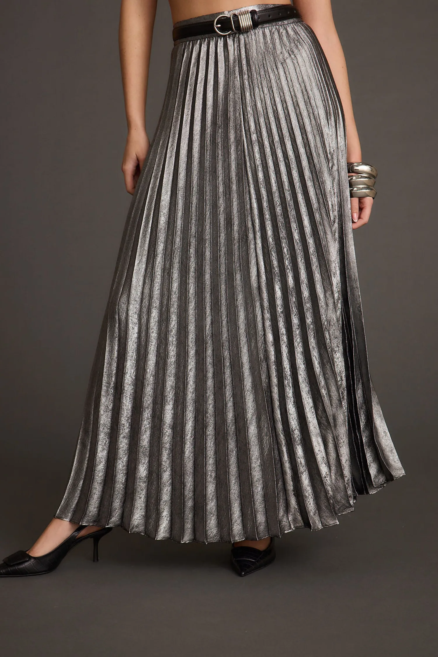 Clearance Electric Love Gunmetal Metallic Pleated Maxi Skirt Going Out Bottoms|Skirts