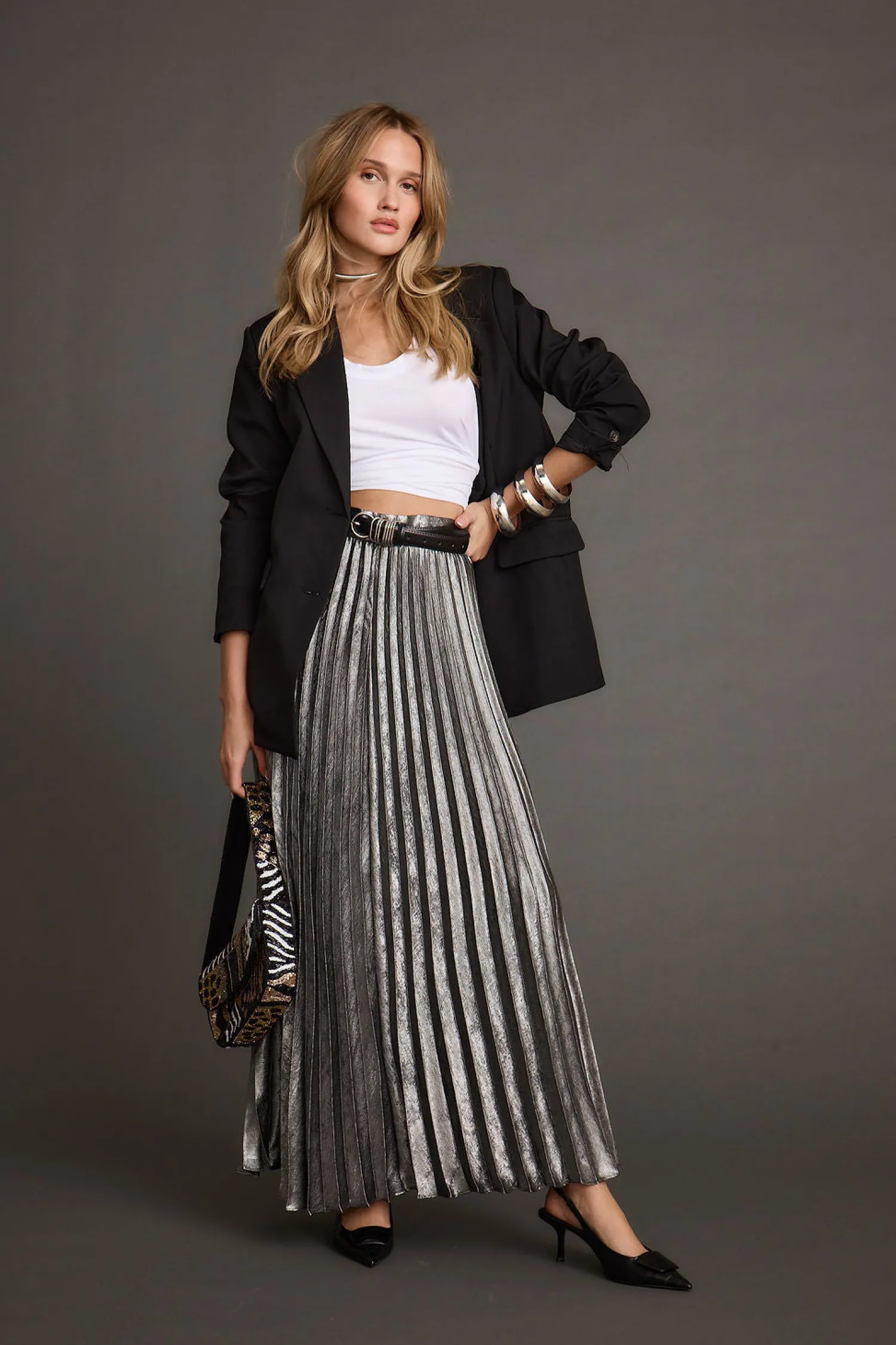 Clearance Electric Love Gunmetal Metallic Pleated Maxi Skirt Going Out Bottoms|Skirts