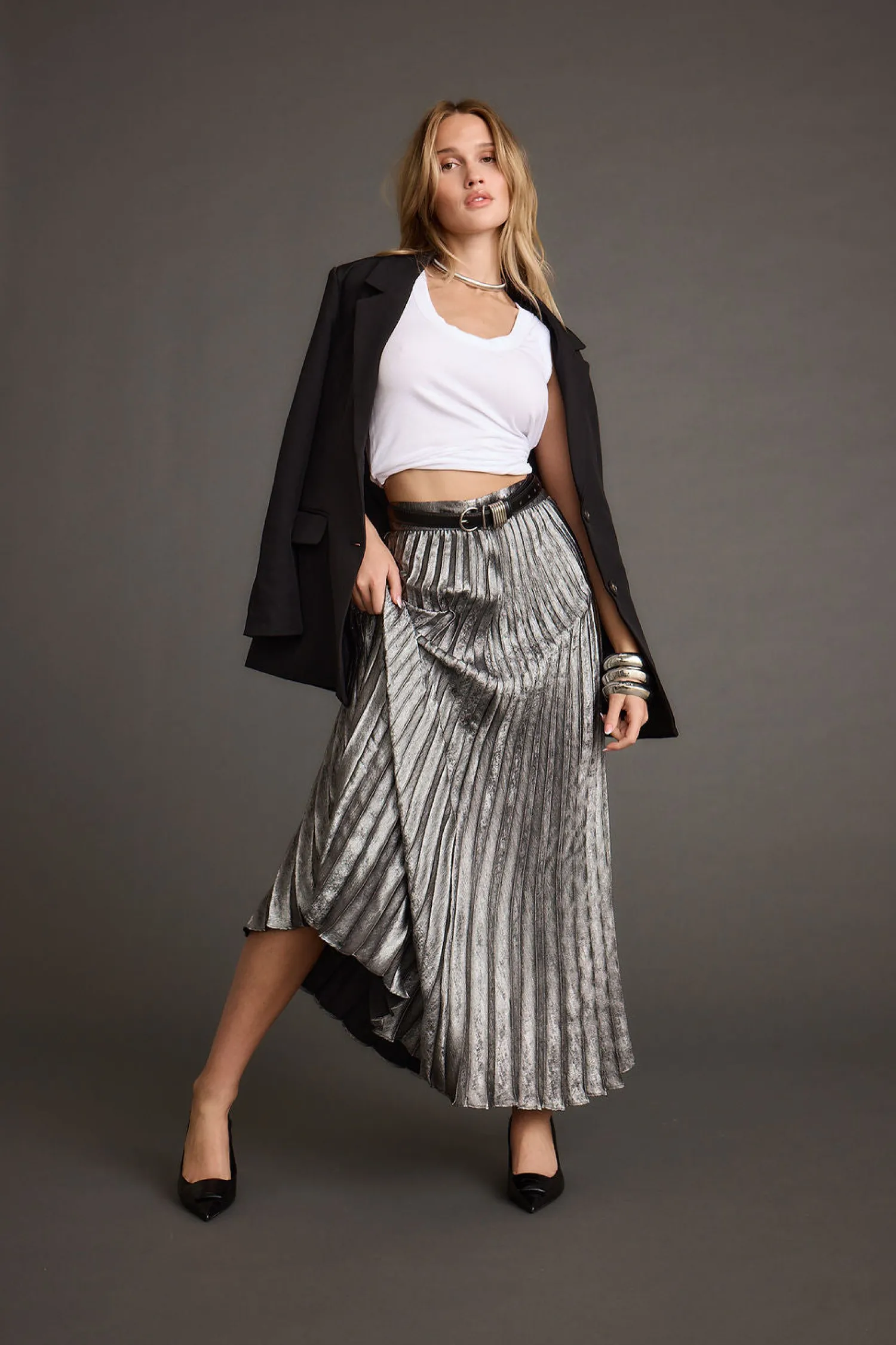 Clearance Electric Love Gunmetal Metallic Pleated Maxi Skirt Going Out Bottoms|Skirts