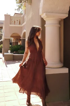 Online Esperanza Espresso Halter Linen Maxi Dress Day Dresses|Vacation Dresses