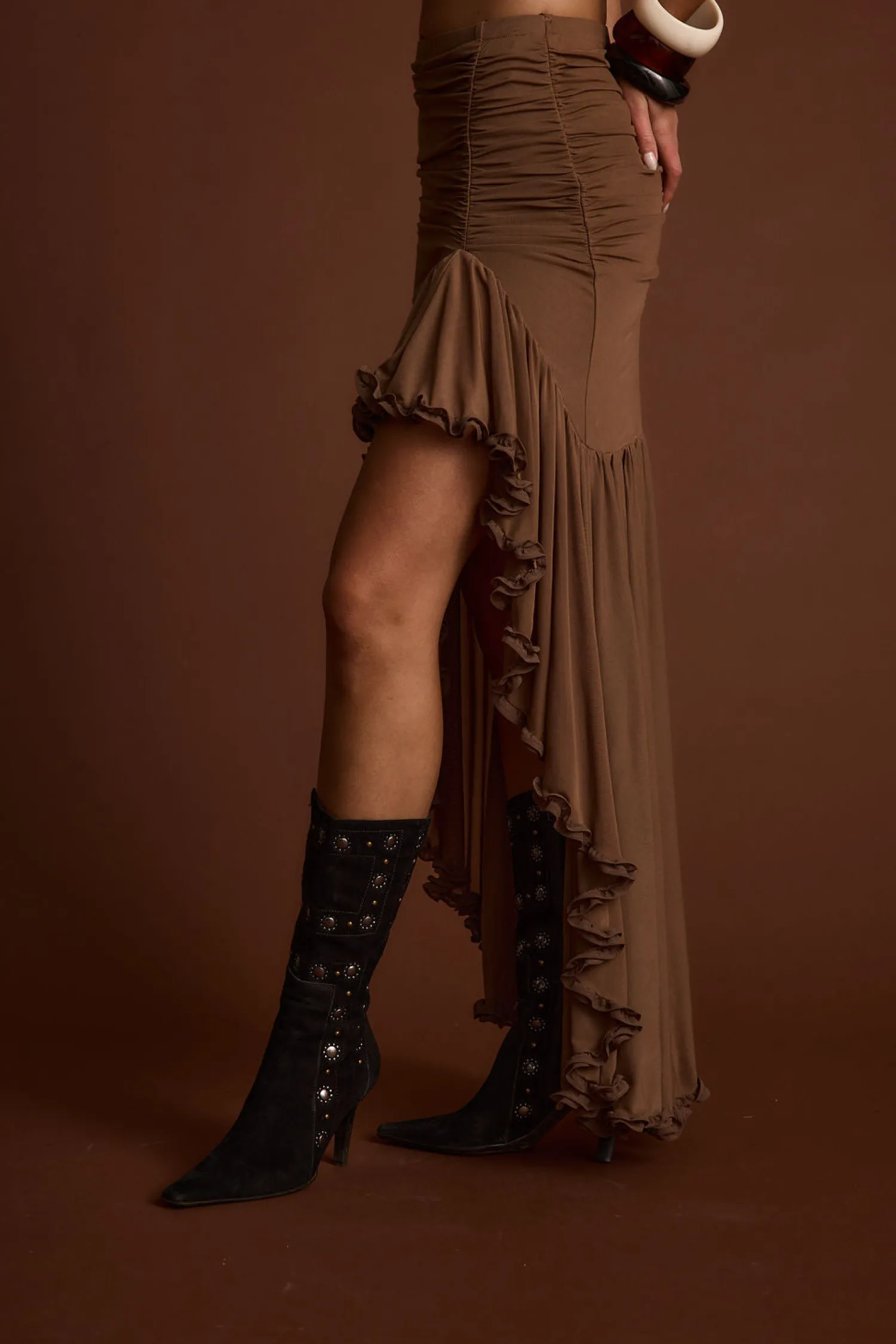 Online Evanna Brown High Low Ruffle Mesh Maxi Skirt Going Out Bottoms|Skirts