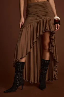 Online Evanna Brown High Low Ruffle Mesh Maxi Skirt Going Out Bottoms|Skirts