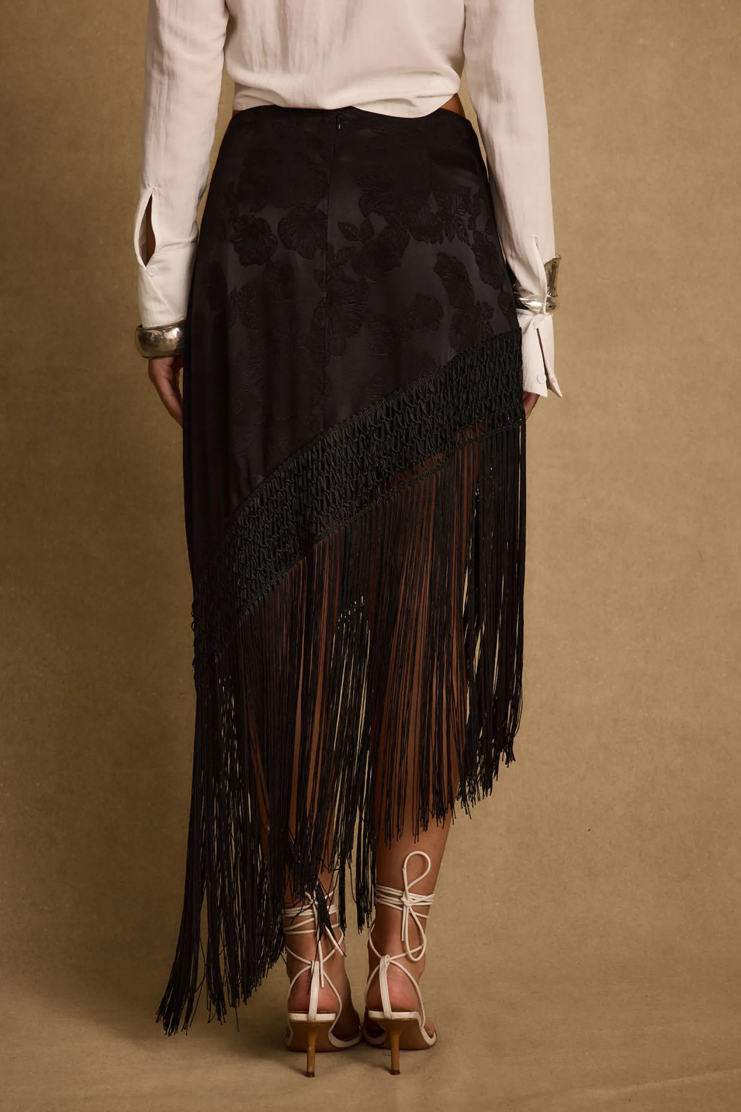 Sale Frankie Black Satin Jacquard Fringe Midi Skirt Date Night Bottoms|Skirts