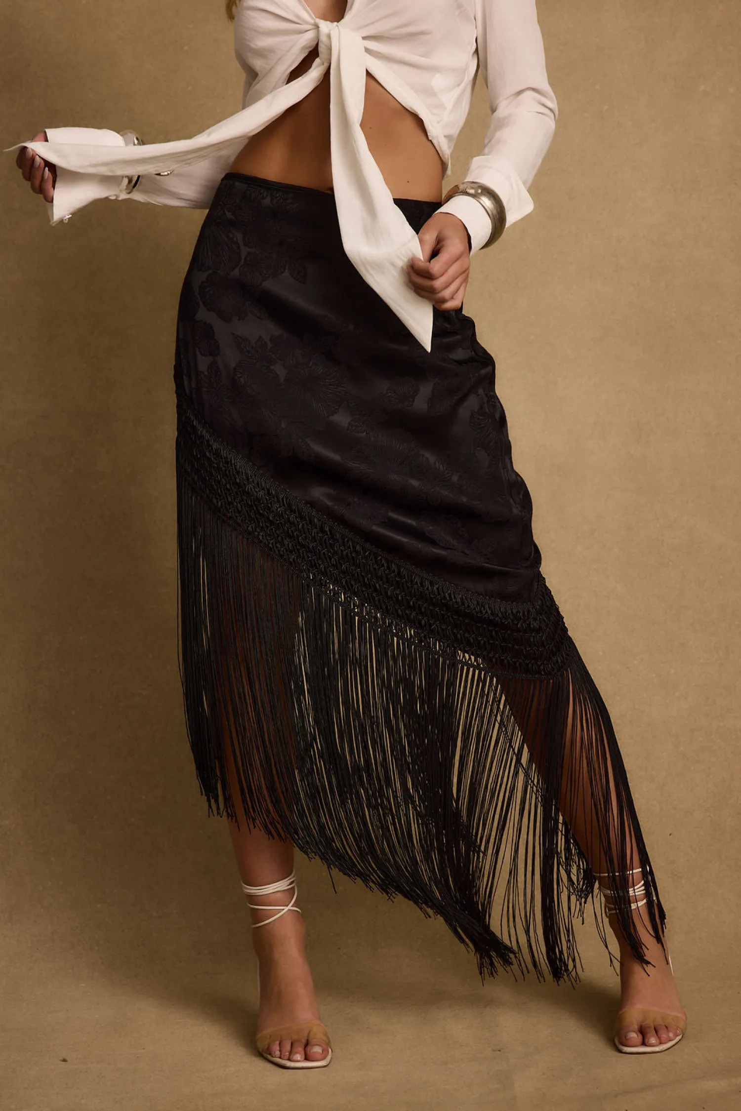 Sale Frankie Black Satin Jacquard Fringe Midi Skirt Date Night Bottoms|Skirts