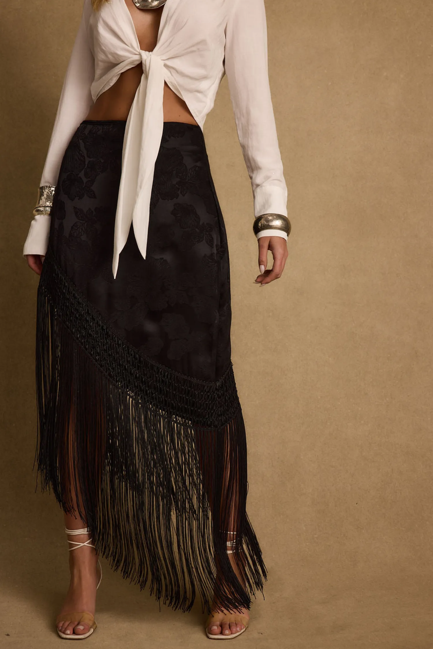 Sale Frankie Black Satin Jacquard Fringe Midi Skirt Date Night Bottoms|Skirts
