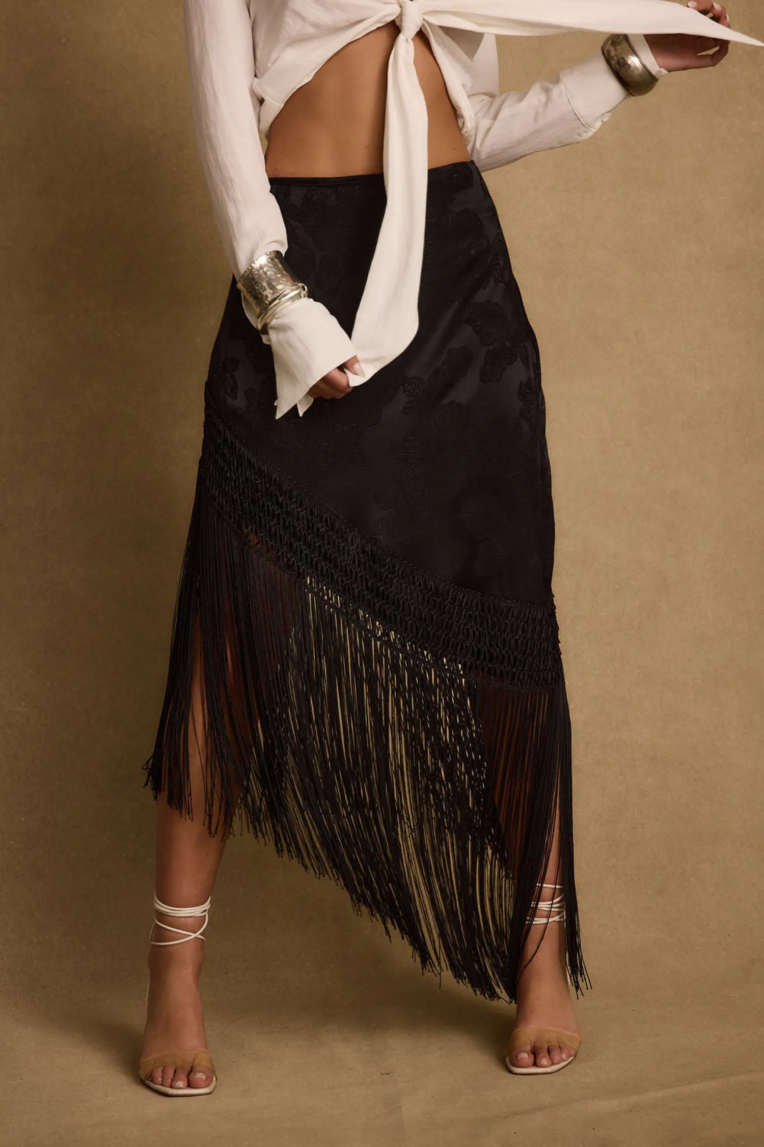 Sale Frankie Black Satin Jacquard Fringe Midi Skirt Date Night Bottoms|Skirts