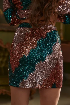 New Genevieve Emerald Multi Sequin Mini Skirt Going Out Bottoms|Skirts