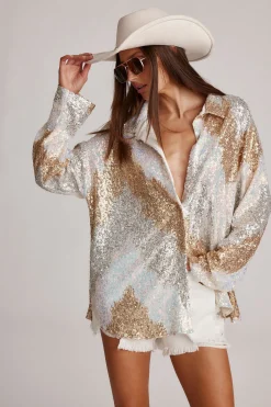 Best Genevieve Ivory Multi Sequin Button Up Going Out Tops|Sets
