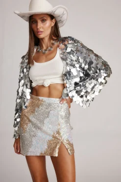 New Genevieve Ivory Multi Sequin Mini Skirt Going Out Bottoms|Skirts