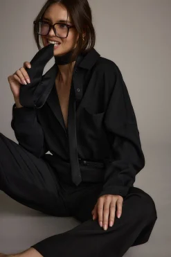 Hot Gisele Black Poplin Button Down Workwear Tops|Long Sleeves