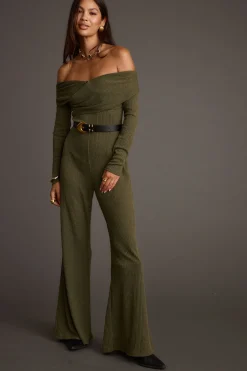 Clearance Greenwich Olive Knit Off The Shoulder Jumpsuit Party Dresses|Jumpsuits + Rompers