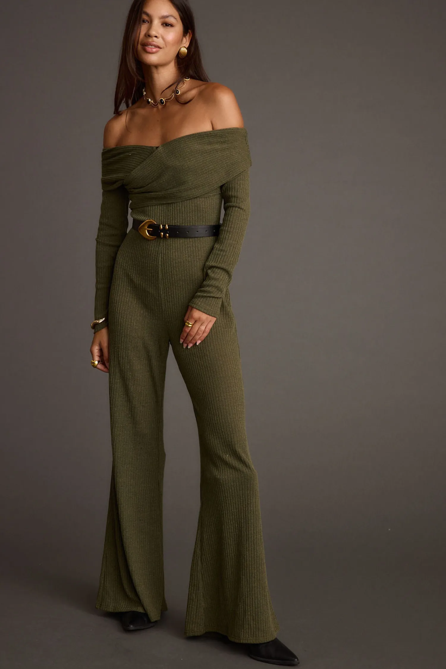 Clearance Greenwich Olive Knit Off The Shoulder Jumpsuit Party Dresses|Jumpsuits + Rompers