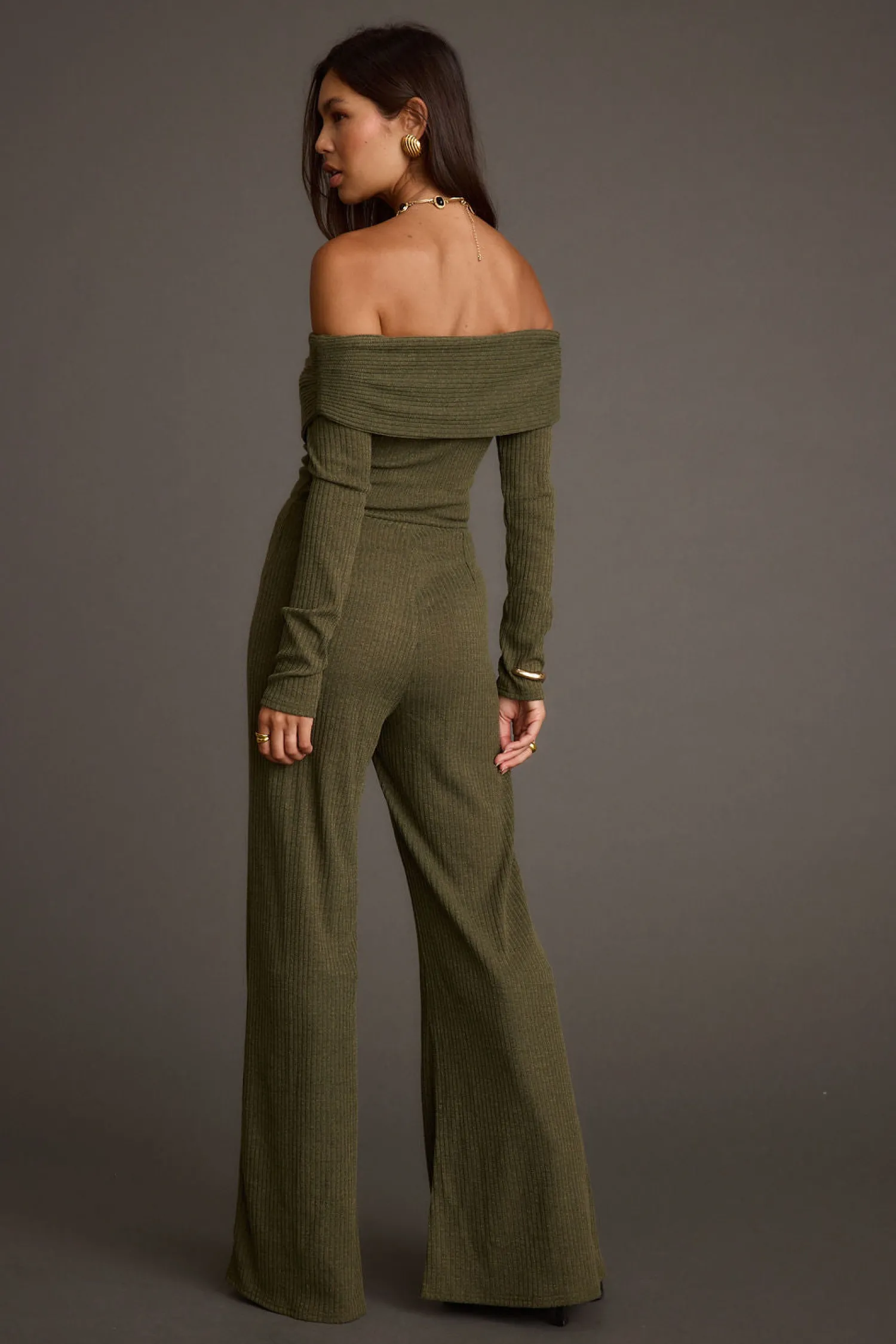 Clearance Greenwich Olive Knit Off The Shoulder Jumpsuit Party Dresses|Jumpsuits + Rompers