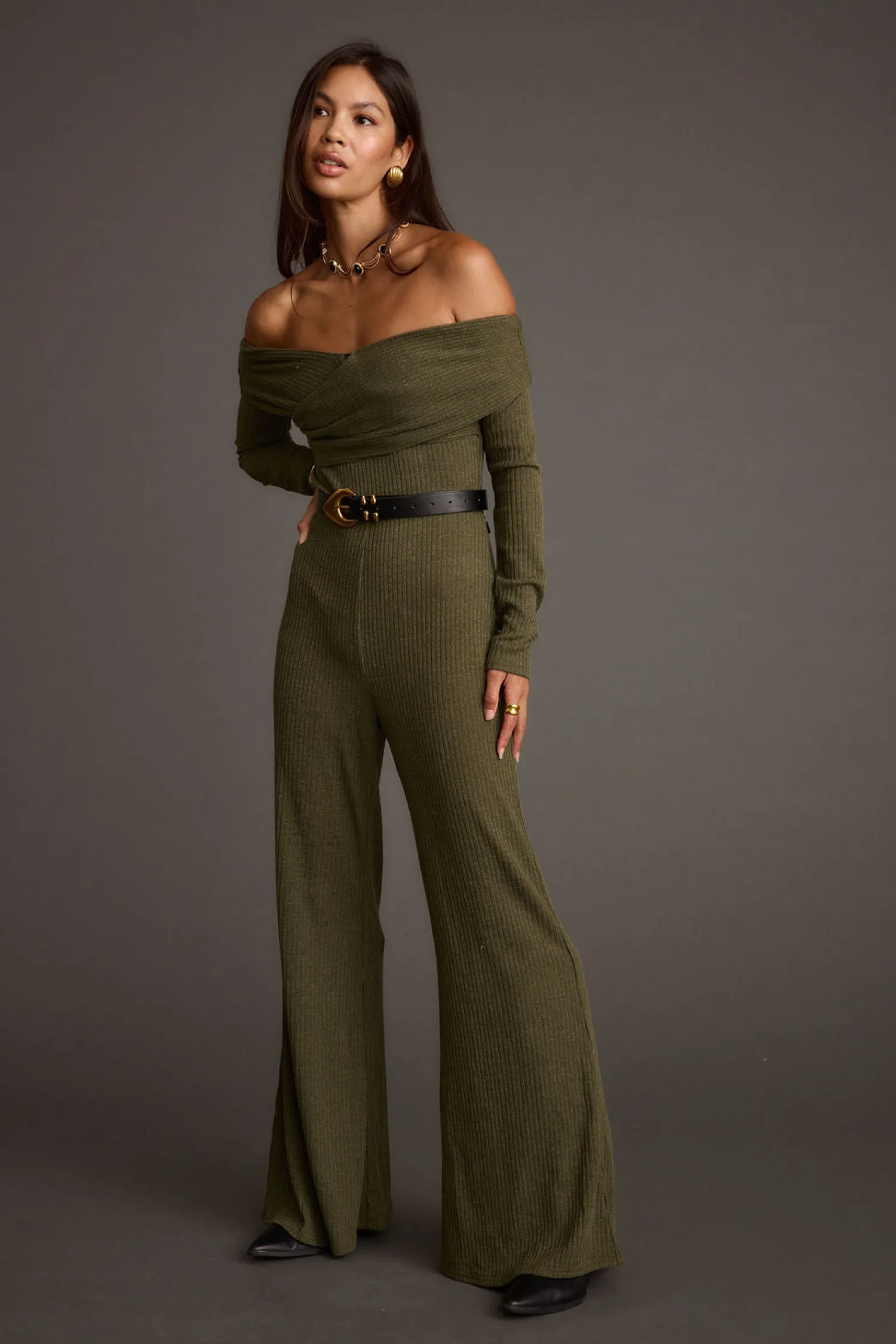 Clearance Greenwich Olive Knit Off The Shoulder Jumpsuit Party Dresses|Jumpsuits + Rompers