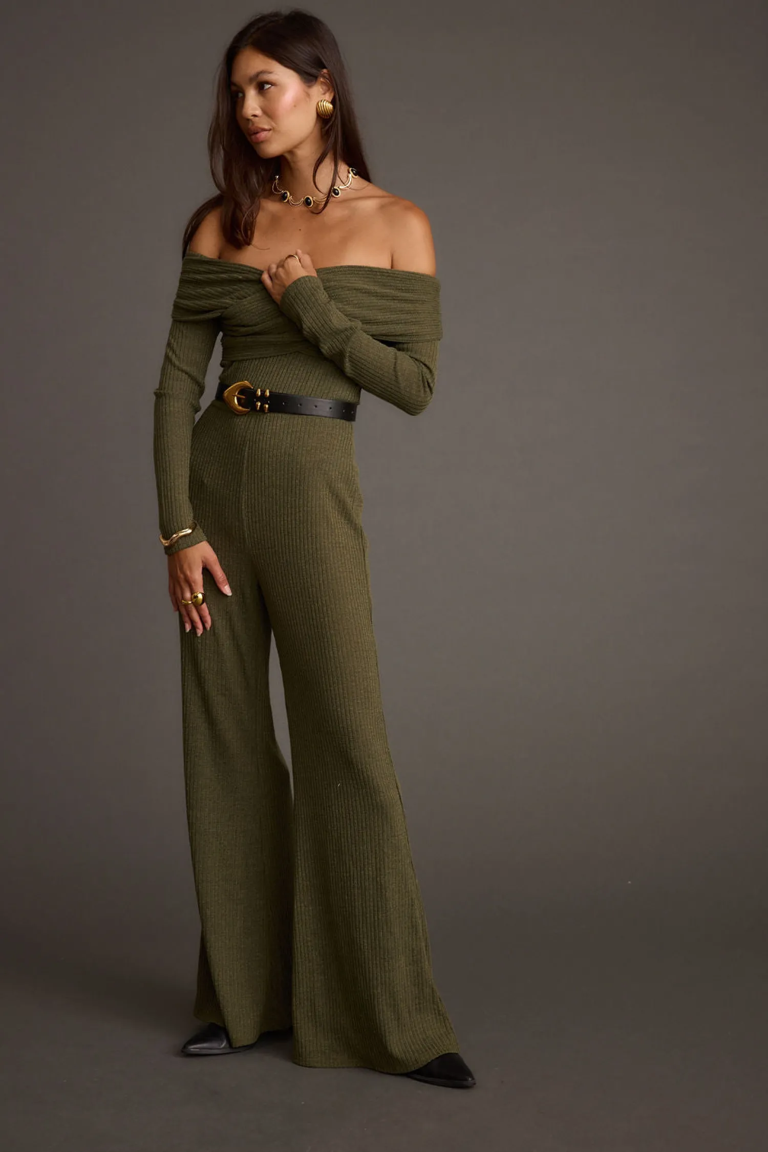 Clearance Greenwich Olive Knit Off The Shoulder Jumpsuit Party Dresses|Jumpsuits + Rompers