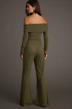 Clearance Greenwich Olive Knit Off The Shoulder Jumpsuit Party Dresses|Jumpsuits + Rompers