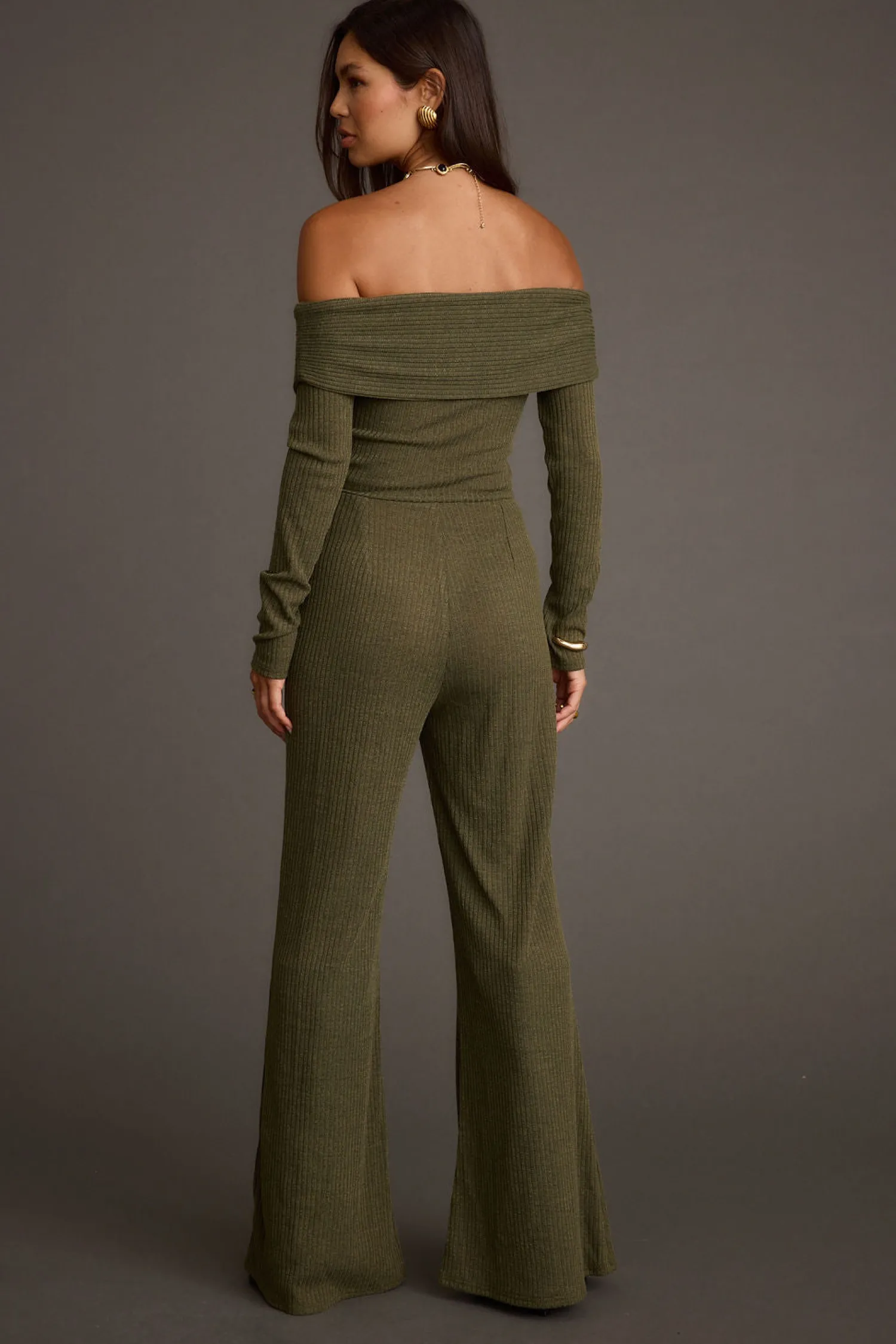 Clearance Greenwich Olive Knit Off The Shoulder Jumpsuit Party Dresses|Jumpsuits + Rompers