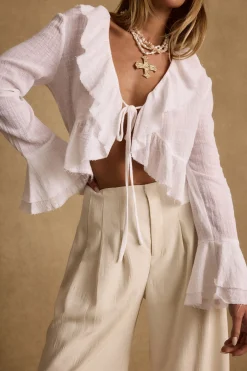 New Guilliana White Ruffle Blouse Long Sleeves|Seashells + Wedding Bells