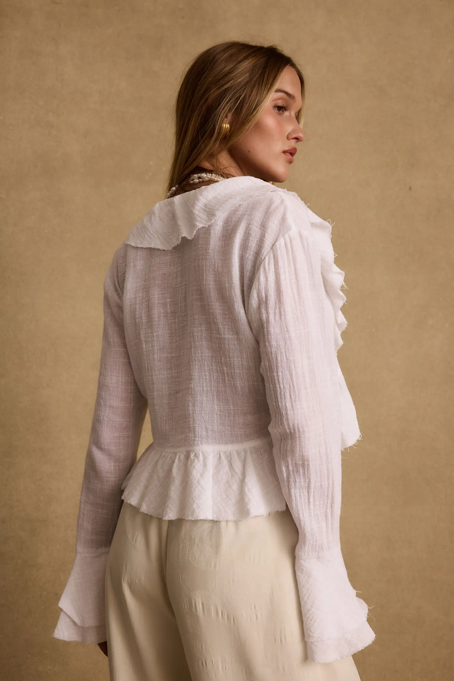 New Guilliana White Ruffle Blouse Long Sleeves|Seashells + Wedding Bells