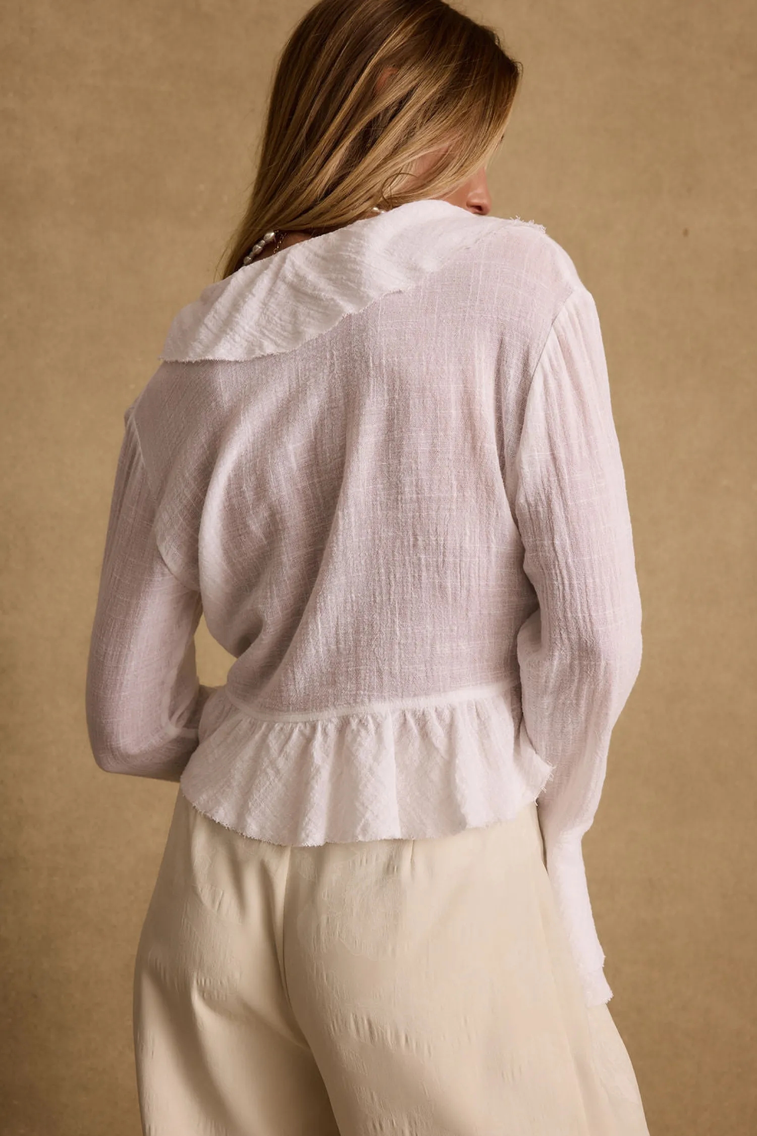 New Guilliana White Ruffle Blouse Long Sleeves|Seashells + Wedding Bells